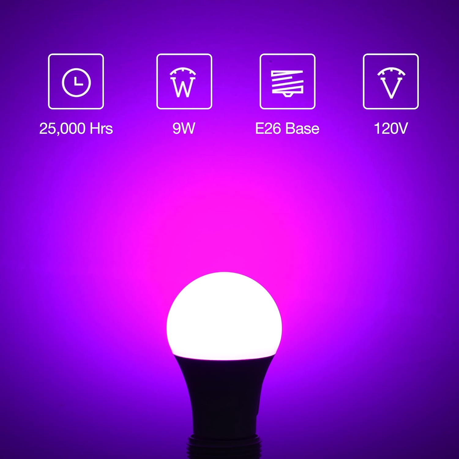 EvaStary Bombillas LED moradas, bombilla LED A19 negra de 9 W (equivalente a 60 W), base E26, luces moradas de colores, no regulables, para luces de