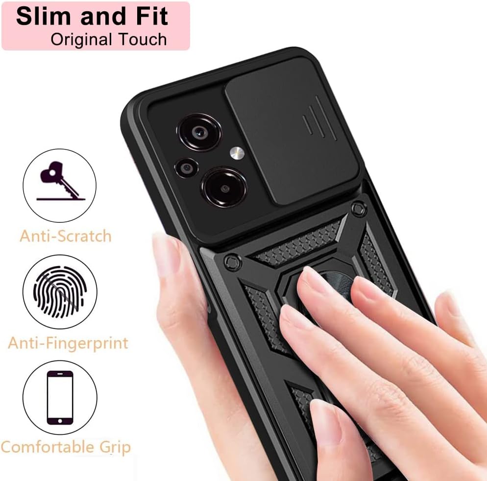 Ysnzaq Funda resistente a prueba de golpes de grado militar para Xiaomi Poco M5 6.58″, protección de lente de ventana deslizante con soporte
