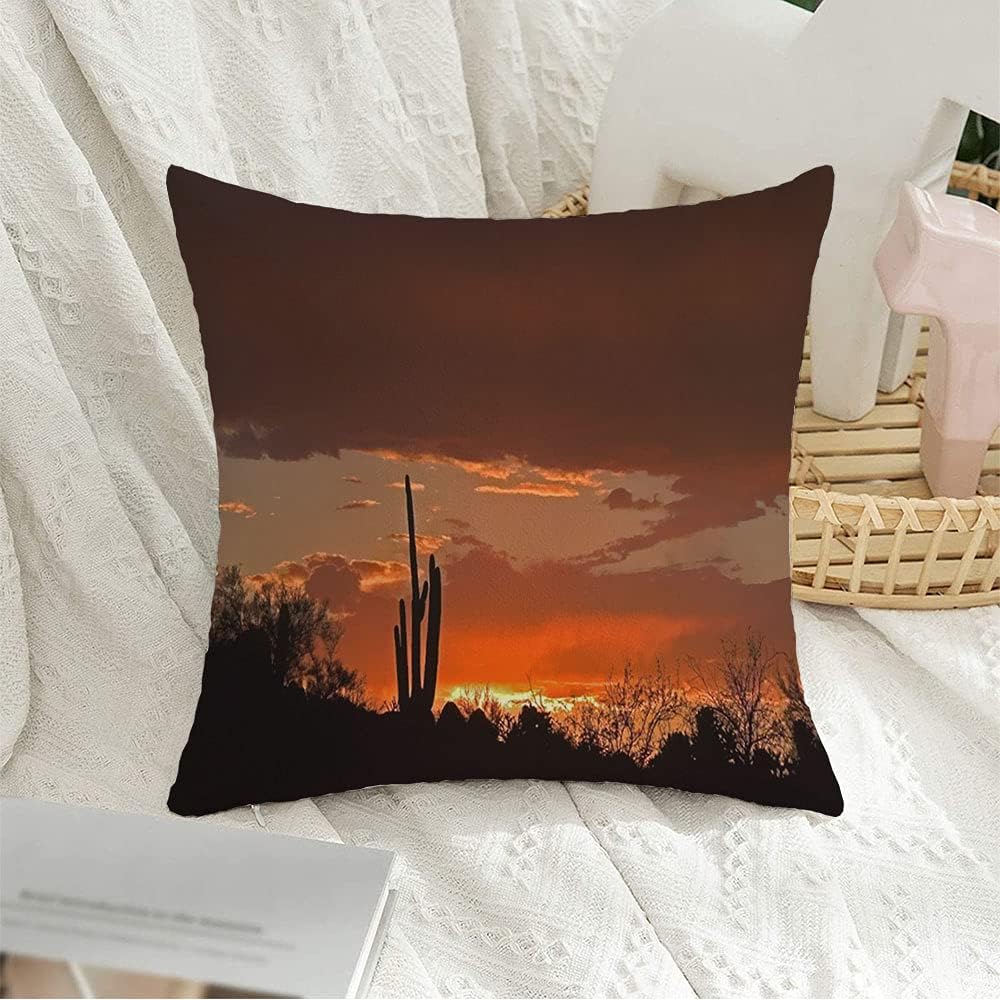 Funda de almohada decorativa de paisaje seco, cactus del suroeste de saguaro, silueta de atardecer cielo rojo, parques de naturaleza, funda de