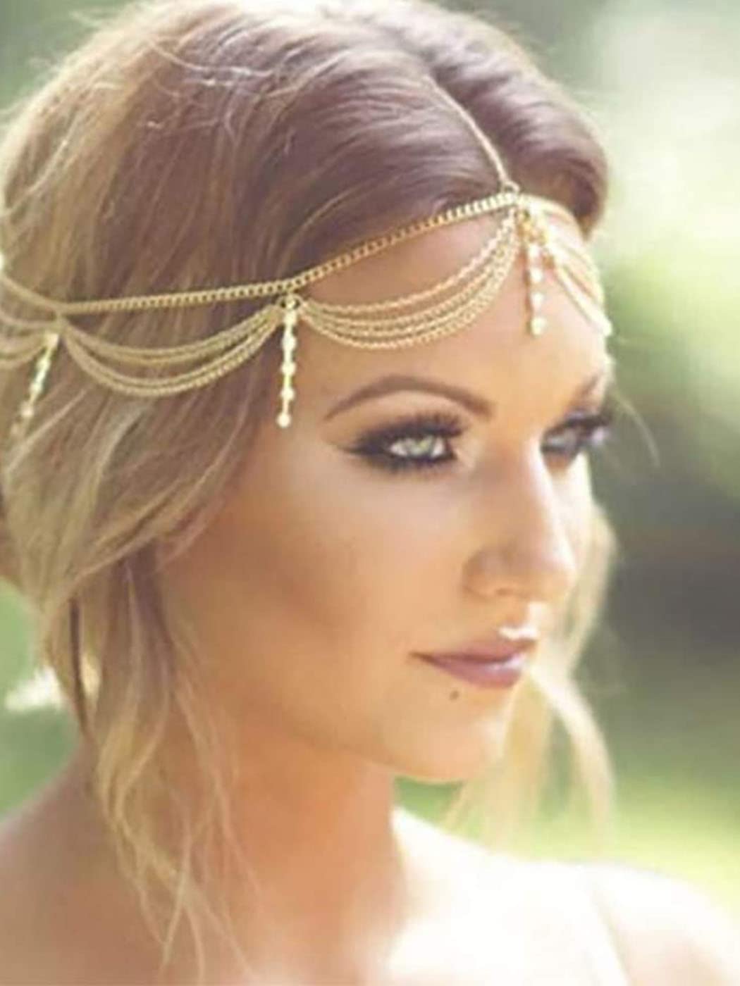 Catery Cadena de pelo de oro para novia, diadema con borlas bohemias para la cabeza, cadena de diamantes de imitación, joyería para el cabello,
