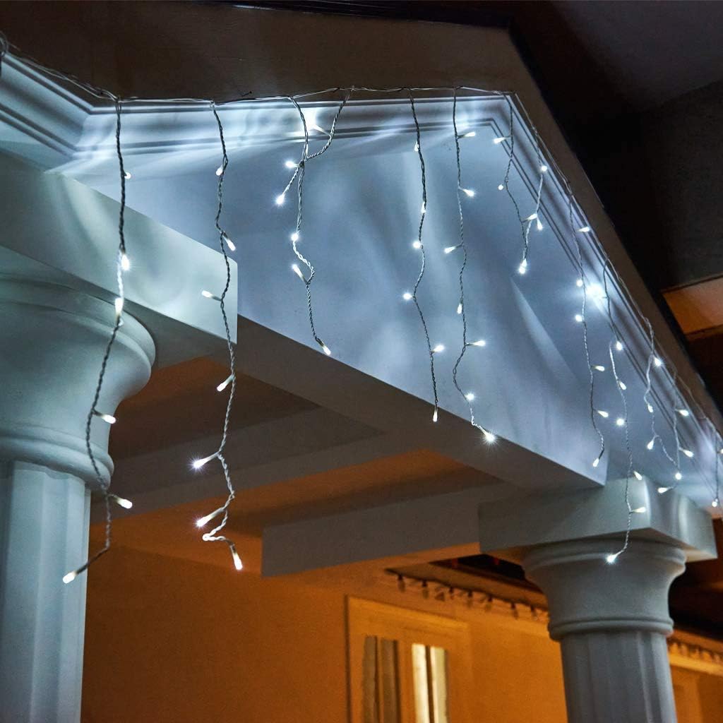 Luces de cortina de hadas para jardín, luces de carámbano, 102 LED con batería para exteriores, con mando a distancia y temporizador, cable verde