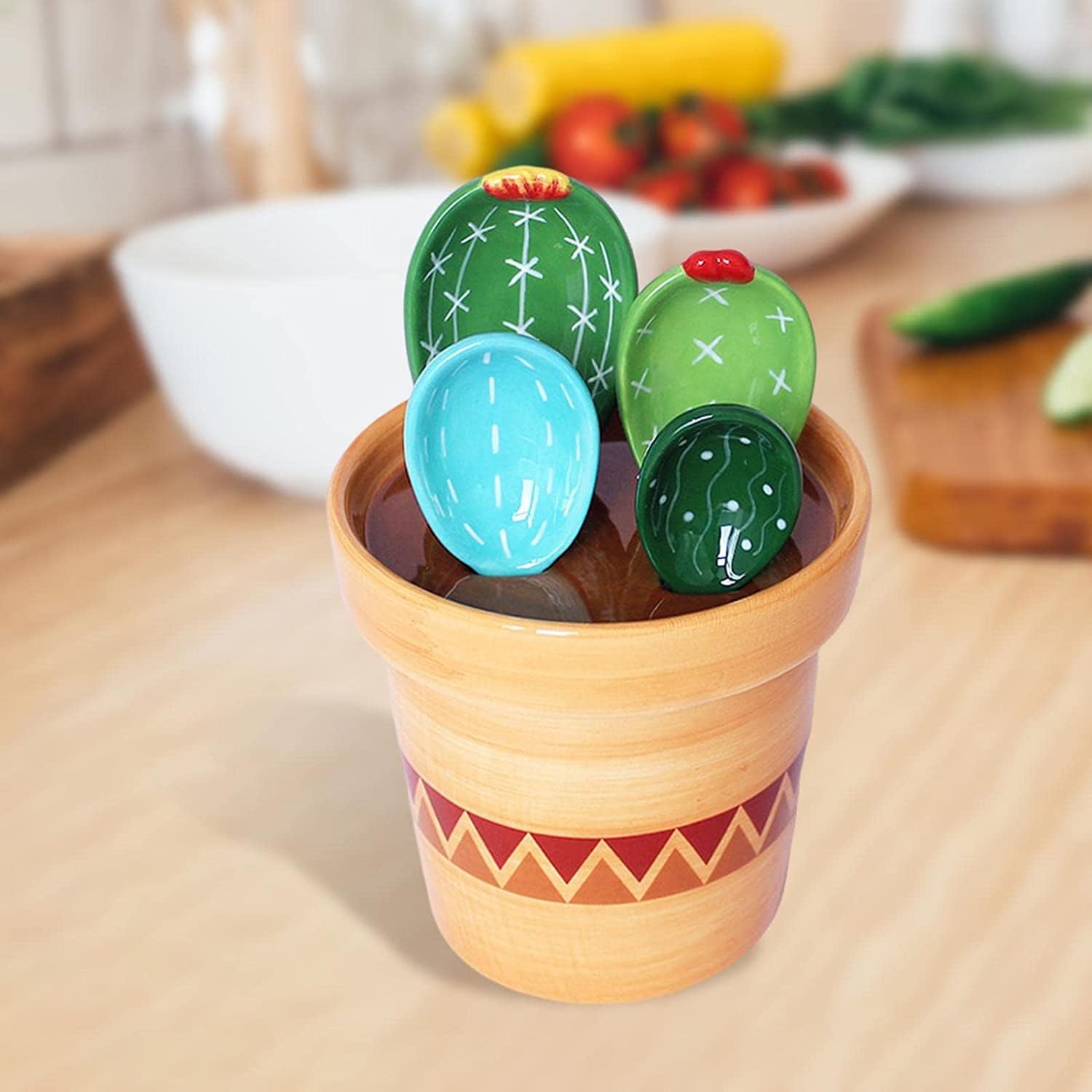 Juego de cucharas medidoras de cactus en maceta, juego de cucharas medidoras con base, cucharas medidoras de cactus de cerámica para hornear, sal,