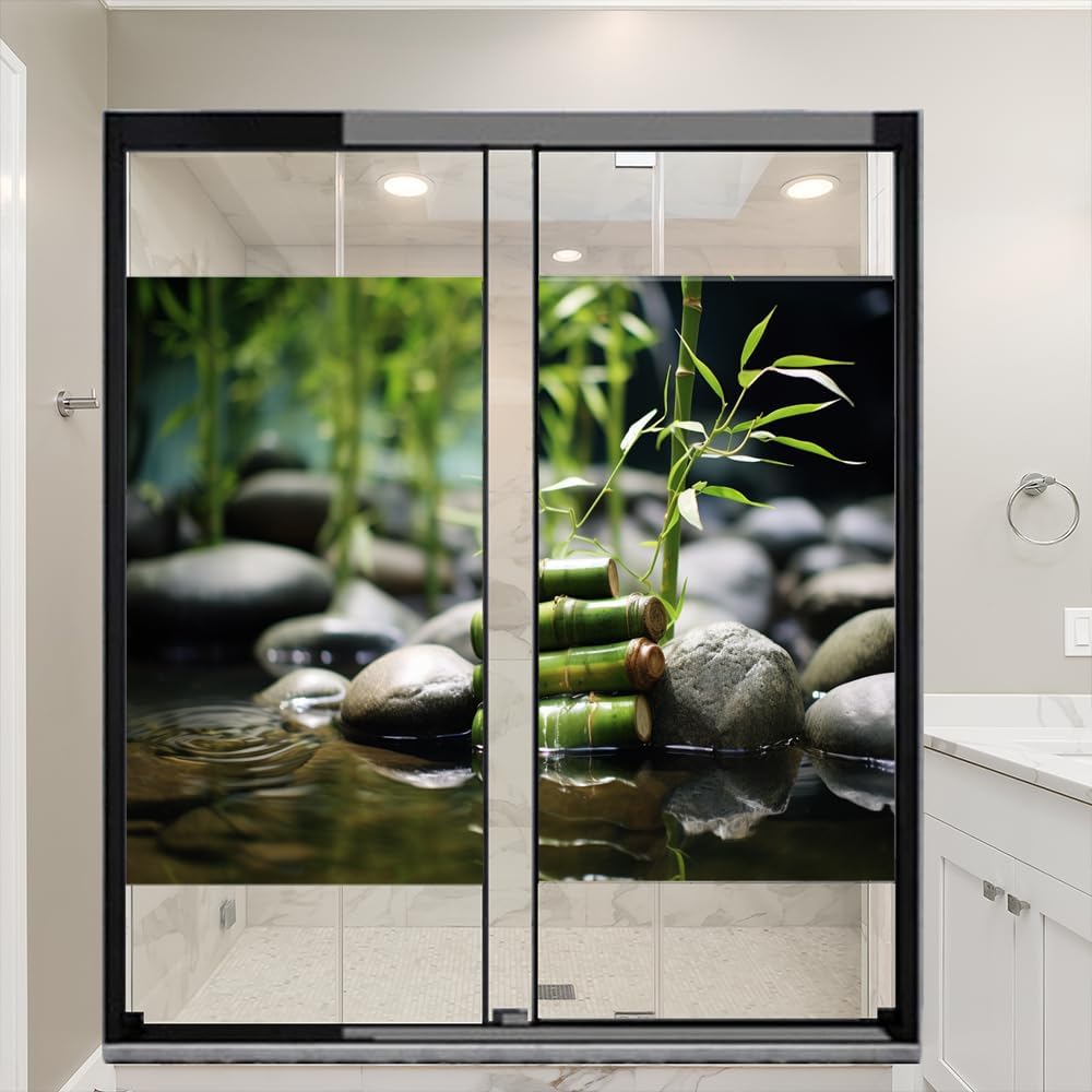 Película de privacidad de bambú para ventana de agua clara, piedra botánica bodegón, estilo moderno, vitrales, sin pegamento, película estática para