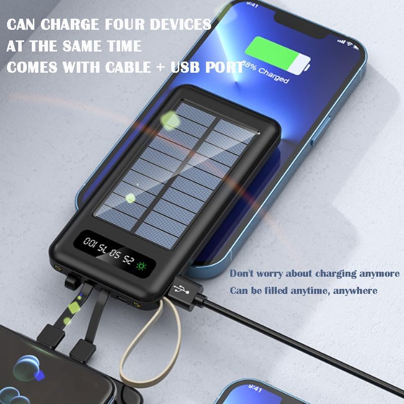 Banco de energía solar de 20000 mAh, con cable de carga 4 en 1, panel solar de carga rápida y carga USB, linterna súper brillante incorporada