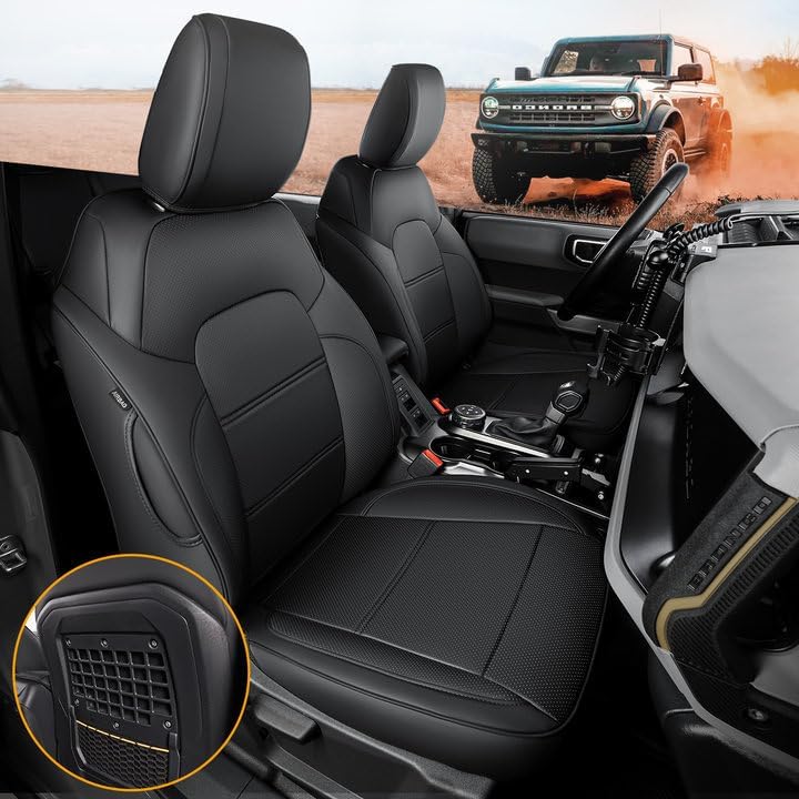 BAMACAR Fundas de asiento para Ford Bronco 2023 2022 2021 4 puertas con paneles Molle, fundas de asiento Bronco de cuero negro 2023 para fundas de