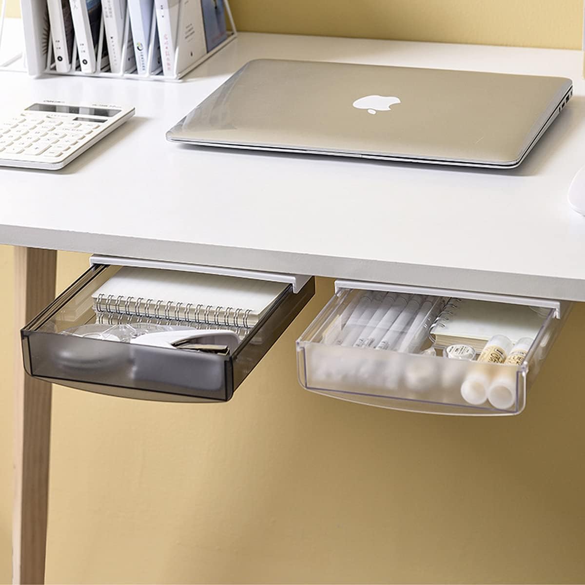 Davidsons Collection – Cajón autoadhesivo debajo del escritorio, 2 paquetes de organizador oculto para mesa, bandeja de almacenamiento grande para