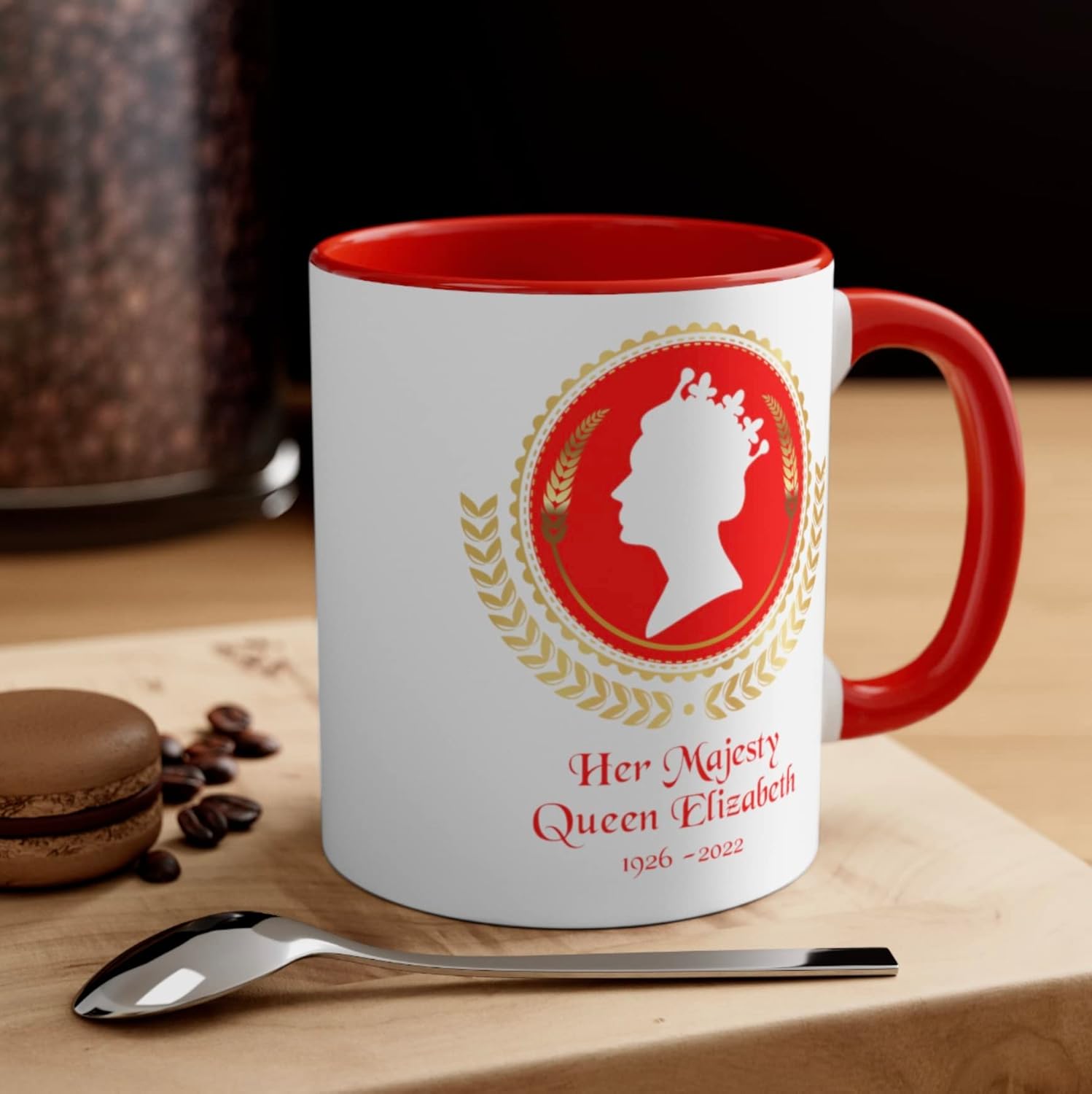 Taza de la reina Isabel, Reina Isabel II, taza con corona de laurel de camafeo rojo, taza de conmemoración, taza de conmemoración, taza de