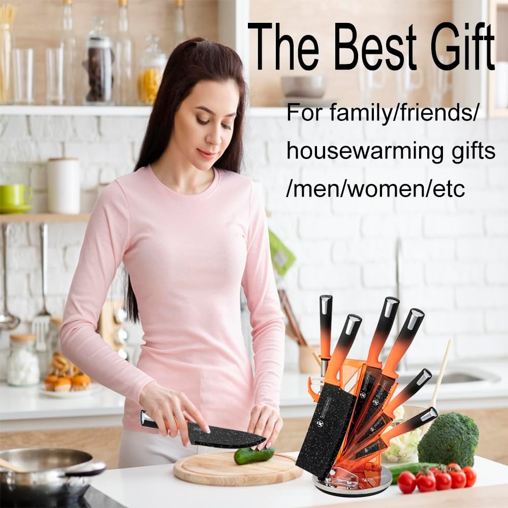 YF-TOW Juego de cuchillos de cocina, 8 cuchillos de acero inoxidable para cocina con bloque, con afiladores, antideslizantes, cuchillo de chef,