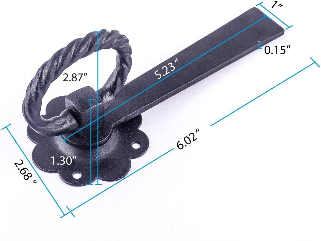 Renovators Supply Manufacturing Cerradura de puerta de hierro forjado negro de 6 pulgadas con herrajes de montaje
