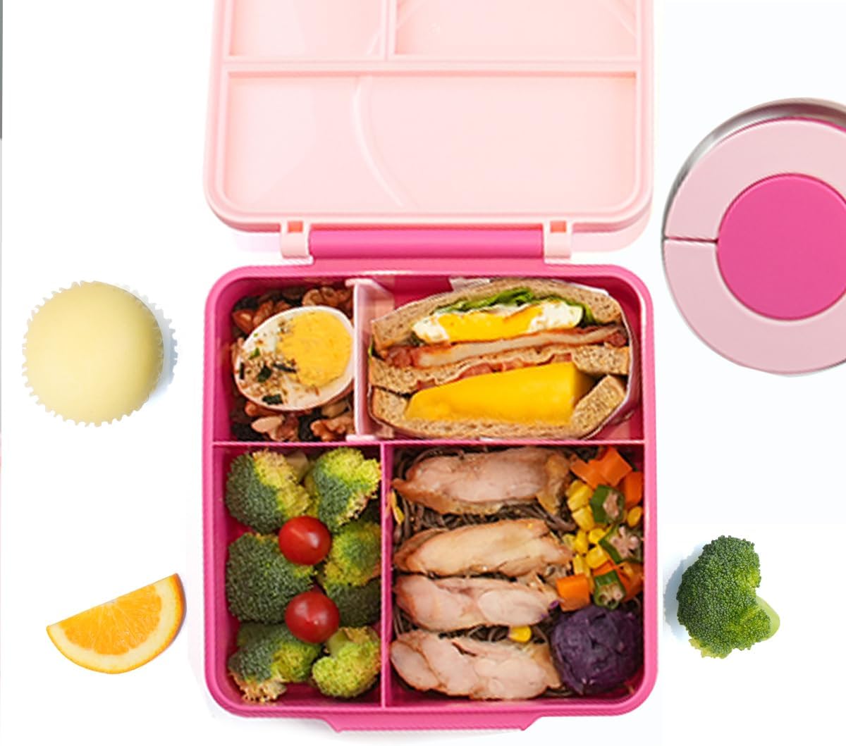 Lonchera Bento para niños  Lonchera aislada con termo de 8 onzas, recipientes de almuerzo a prueba de fugas con 4 compartimentos y 2 zonas de