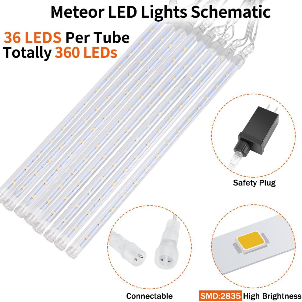 JJGoo Luces de Navidad de lluvia de meteoritos, 10 tubos de 20 pulgadas, 360 luces LED de carámbano, luces de lluvia al aire libre para Navidad,