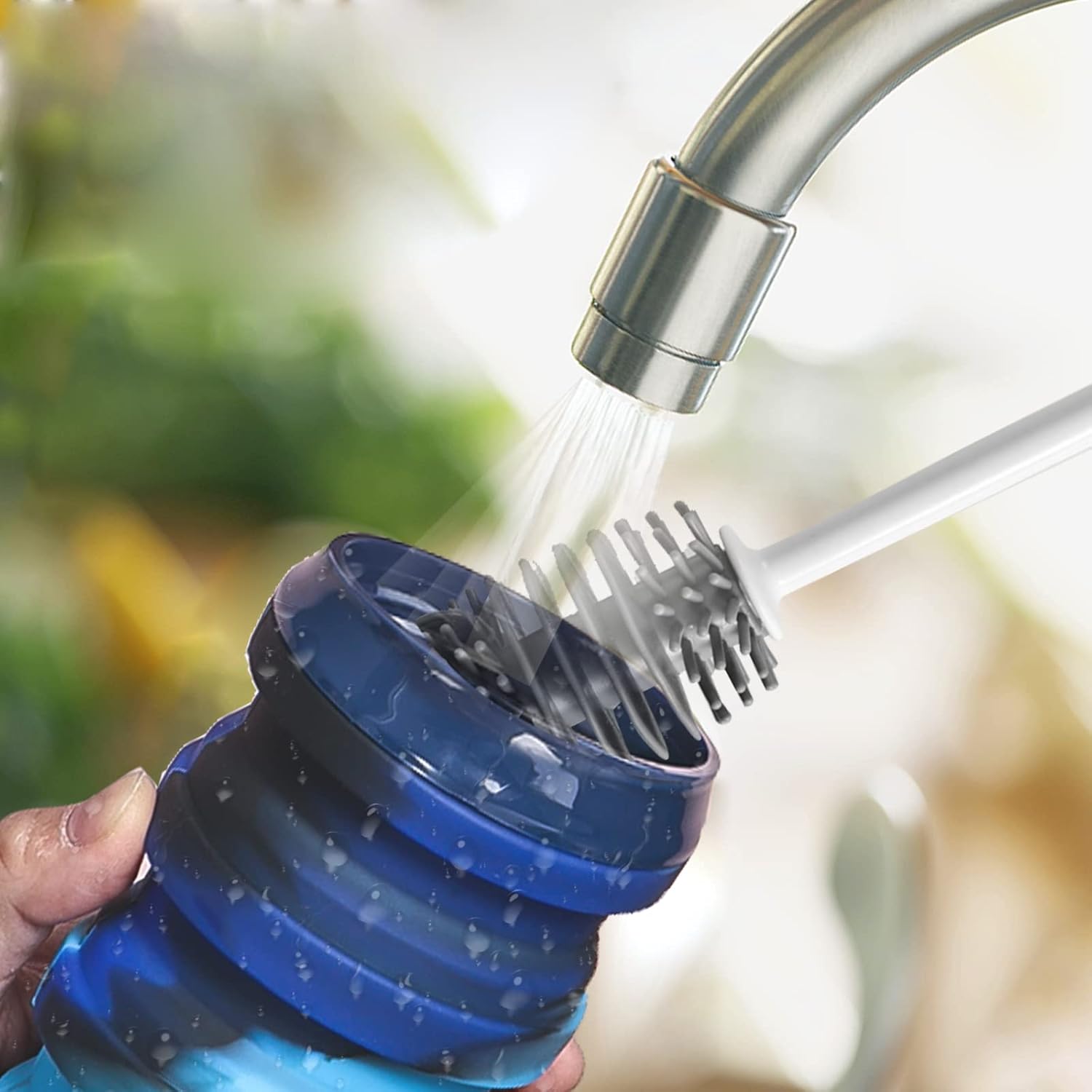 Botellas de agua plegables con cepillo de silicona  Botella de agua plegable de silicona con pajilla, botella de agua reutilizable para camping, a