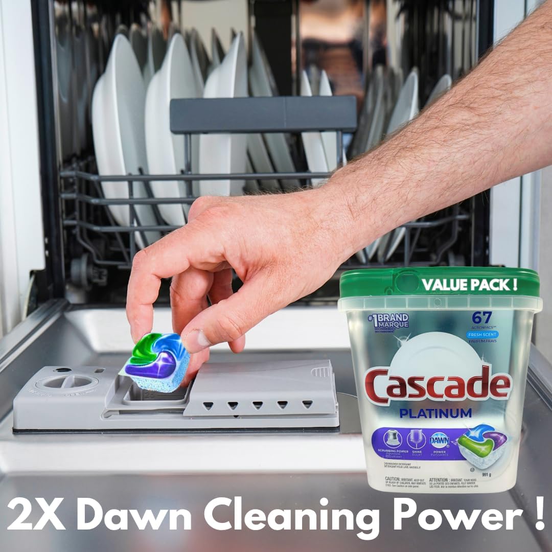 Cascade Platinum Cápsulas de detergente para lavavajillas, aroma fresco, paquete de 67 unidades para platos limpios y brillantes