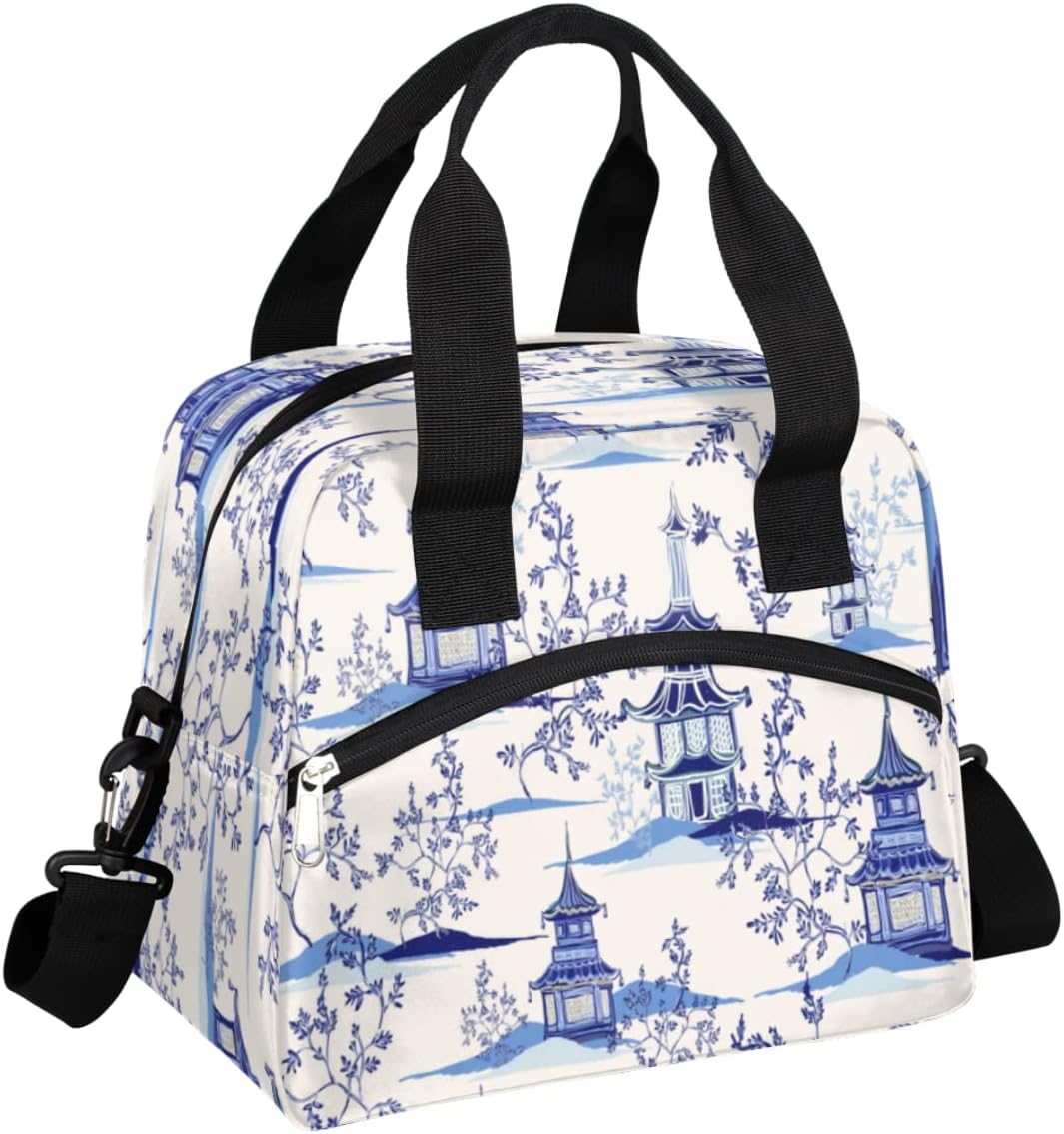 Bolsas de almuerzo con diseño de pagodas chinas de tinta, bolsa aisladaenfriadora para mujeres, hombres, niñas, niños, estilo chinoiserie, bolsa de