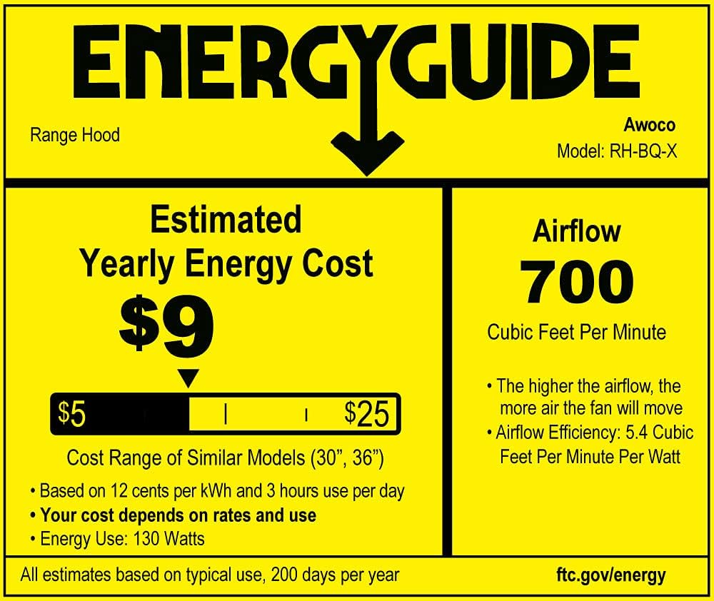 Awoco RH-BQ-X36 – Campana extractora de acero inoxidable integrada con conducto de profundidad de 18.5 pulgadas, 4 velocidades, 700 CFM, luces LED,