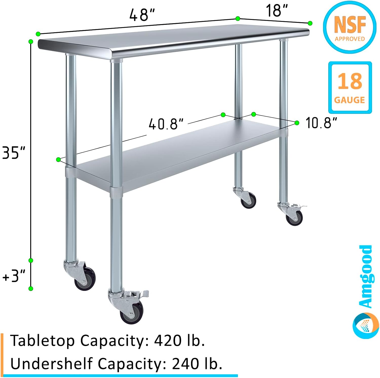 Mesa de trabajo AmGood de acero inoxidable de 18 x 48 pulgadas con ruedas  Mesa móvil de metal  Preparación de alimentos
