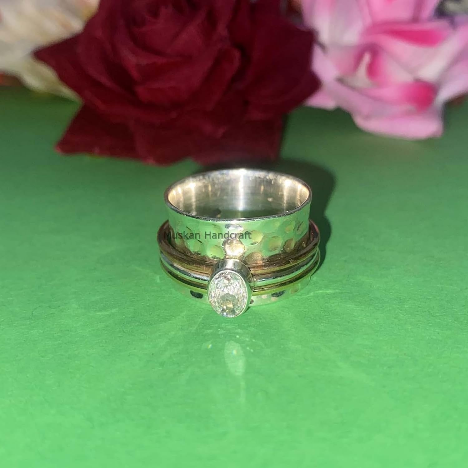Handmade 925 Sterling Silver Spinner RingHammered Spin Ring  3 Tone Spinning RingBoho Band RingParty Wear Ring For Women (cubic-zirconia)