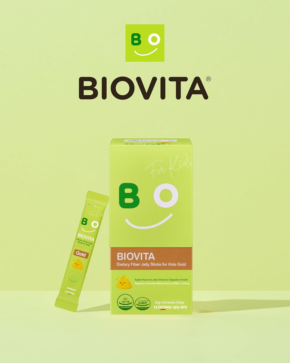 BIOVITA Palitos de gelatina de fibra dietética para niños (20 varillas), 100% fibra soluble a base de plantas, 4,200 mg, movimiento intestinal