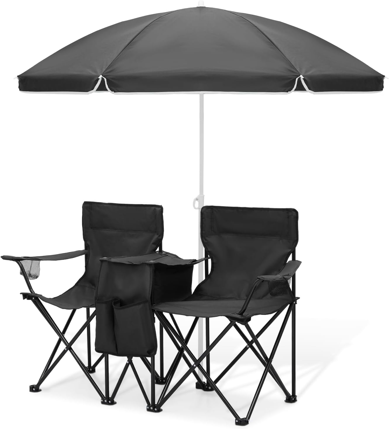 Magshion Silla de campamento doble con paraguas y enfriador para adultos, silla plegable de alta resistencia, color negro