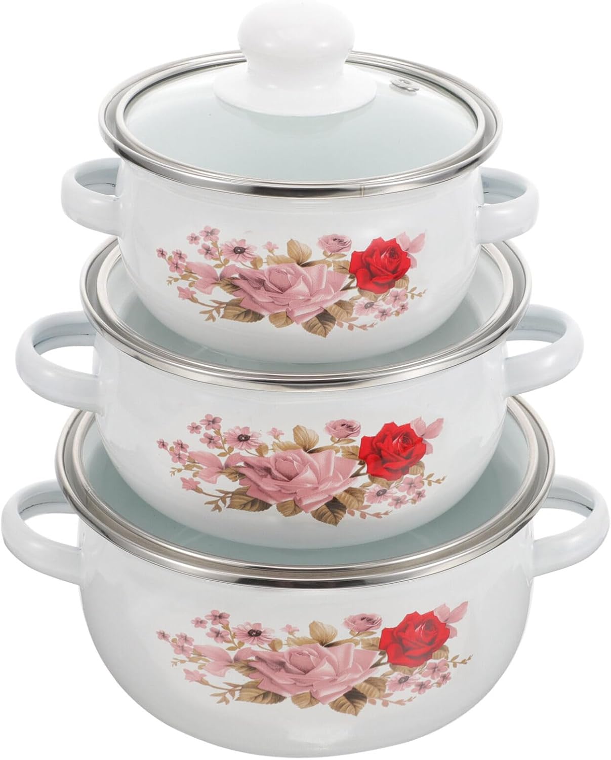 BESTonZON Olla de cocina esmaltada de 3 piezas, olla pequeña con tapa de vidrio, utensilios de cocina vintage con doble mango floral Ramen Bowl para