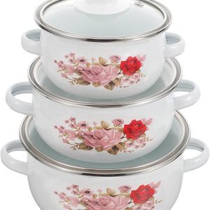 BESTonZON Olla de cocina esmaltada de 3 piezas, olla pequeña con tapa de vidrio, utensilios de cocina vintage con doble mango floral Ramen Bowl para BESTonZON Olla de cocina esmaltada de 3 piezas, olla pequeña con tapa de vidrio, utensilios de cocina vintage con doble mango floral Ramen Bowl para