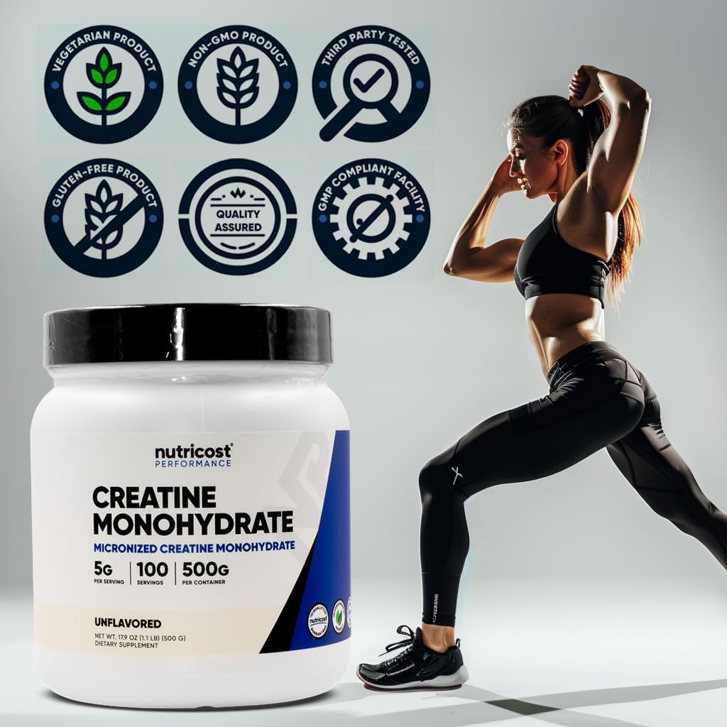 Nutricost Monohidrato de creatina en polvo micronizado 500G, 5000mg por servicio (0.18 oz) – Monohidrato de creatina micronizada, 100 porciones,