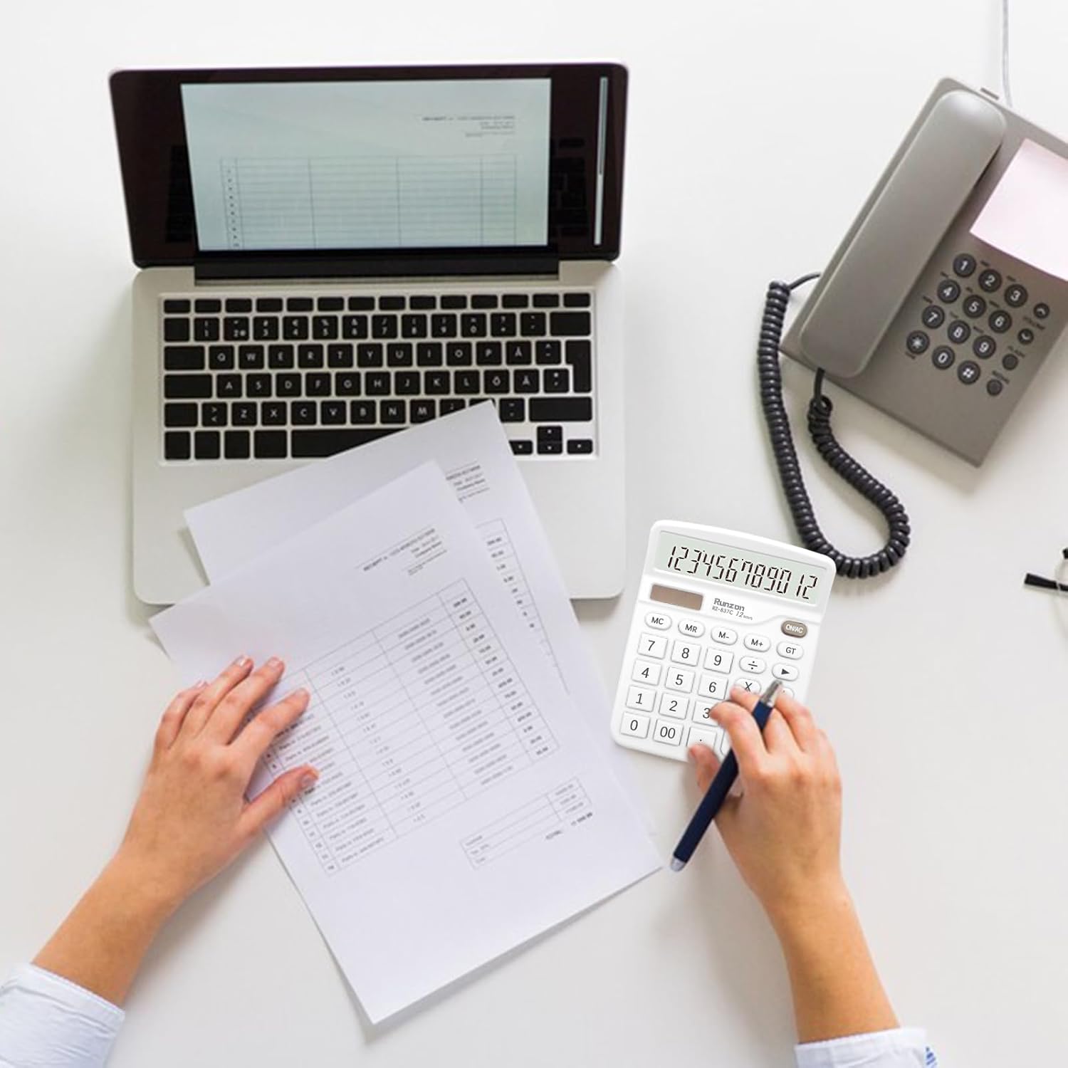 Calculadora blanca, calculadora de oficina básica, calculadora de escritorio de 12 dígitos, pantalla LCD grande para suministros de oficina blancos
