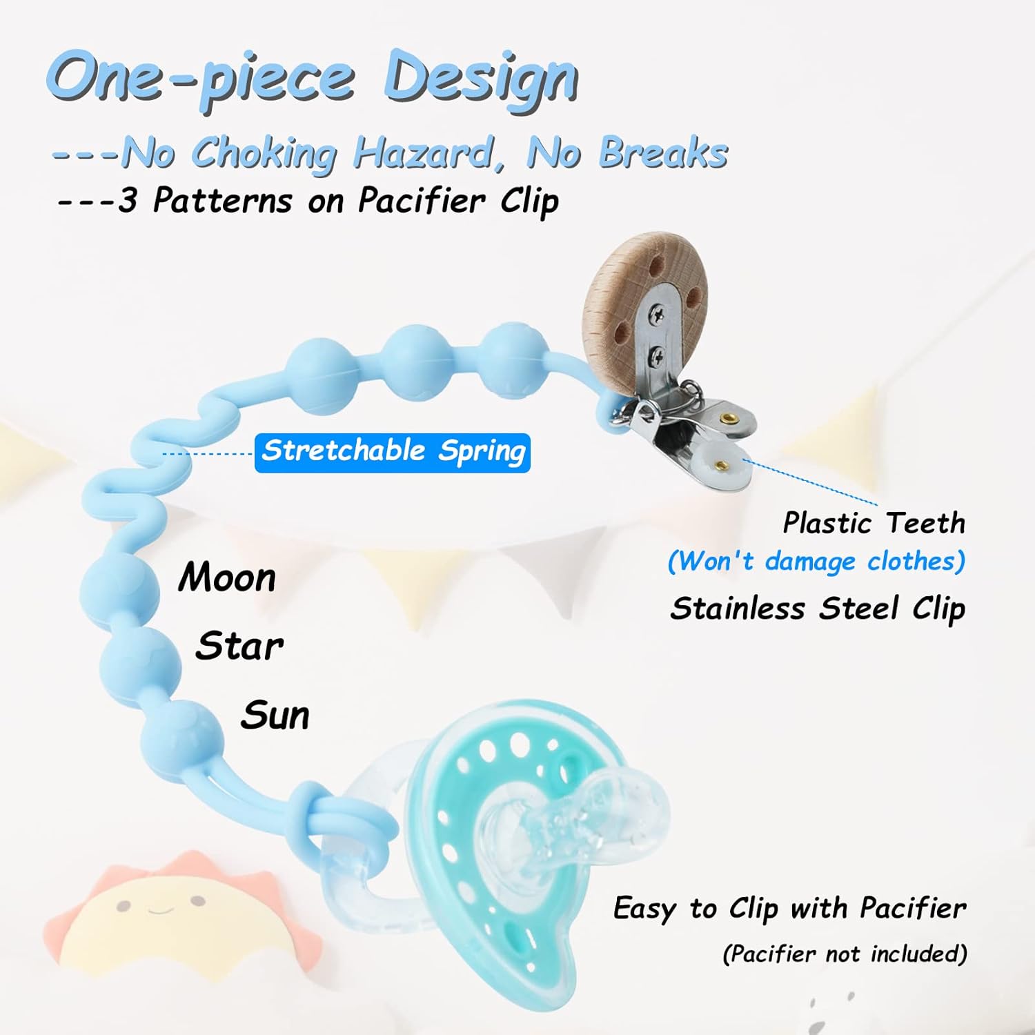 Seposeve Clip de silicona para chupete con resorte ajustable, paquete de 2 clips para chupete para bebés, niños y niñas, correas suaves y flexibles