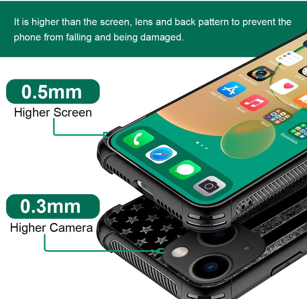 ZHEGAILIAN Funda compatible con iPhone 14 Plus, funda de bandera estadounidense en blanco y negro, parte trasera de vidrio templado + funda