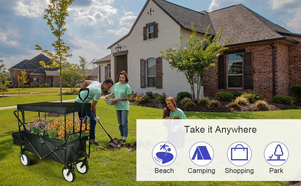 YSSOA Carrito de mano portátil plegable resistente con toldo extraíble, ruedas de 8 pulgadas, asas ajustables y doble tela para compras, picnic,