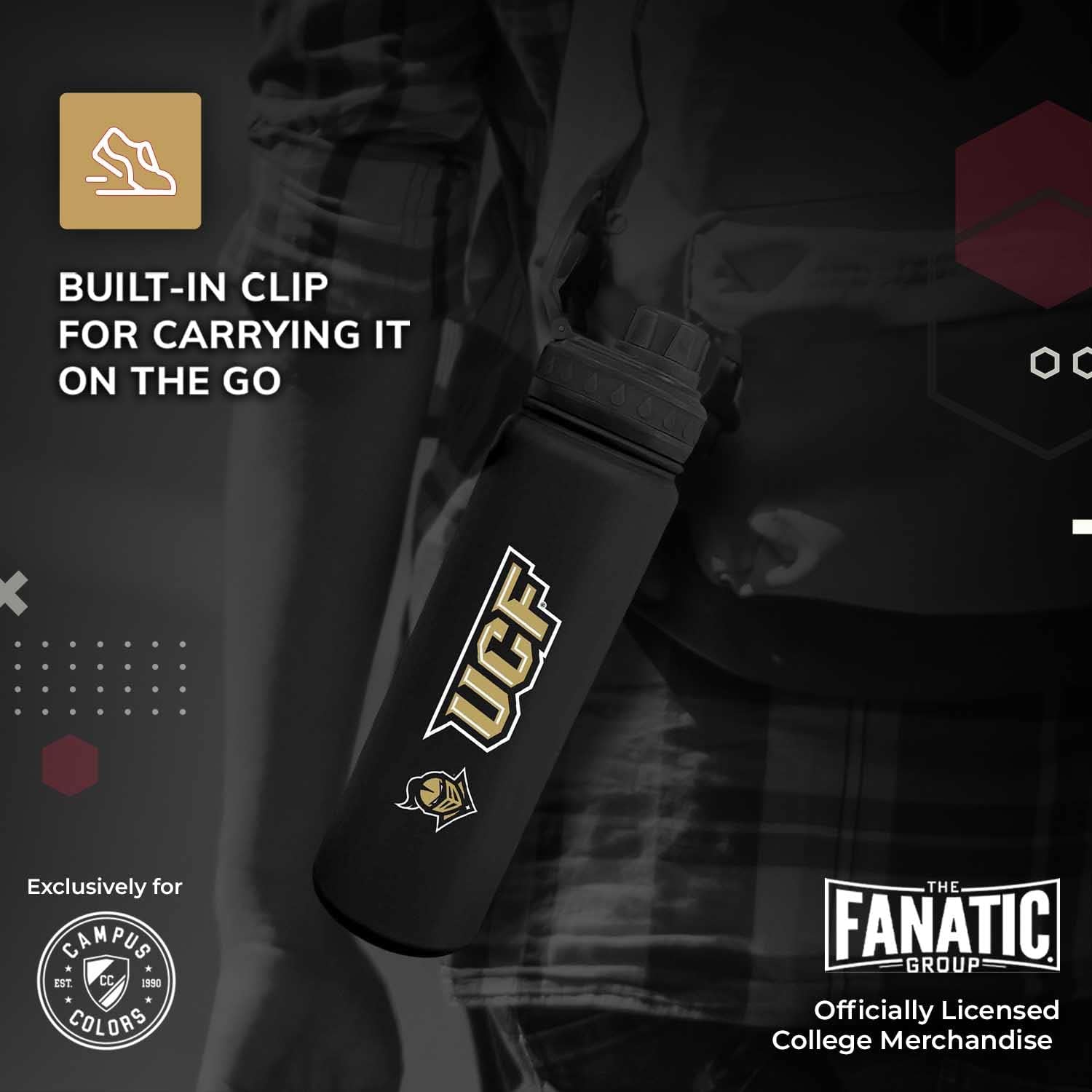 Campus Colors Botella de agua de acero inoxidable de la NCAA, tapa giratoria, 24 onzas, clip de transporte, mantiene tus bebidas calientes o frías