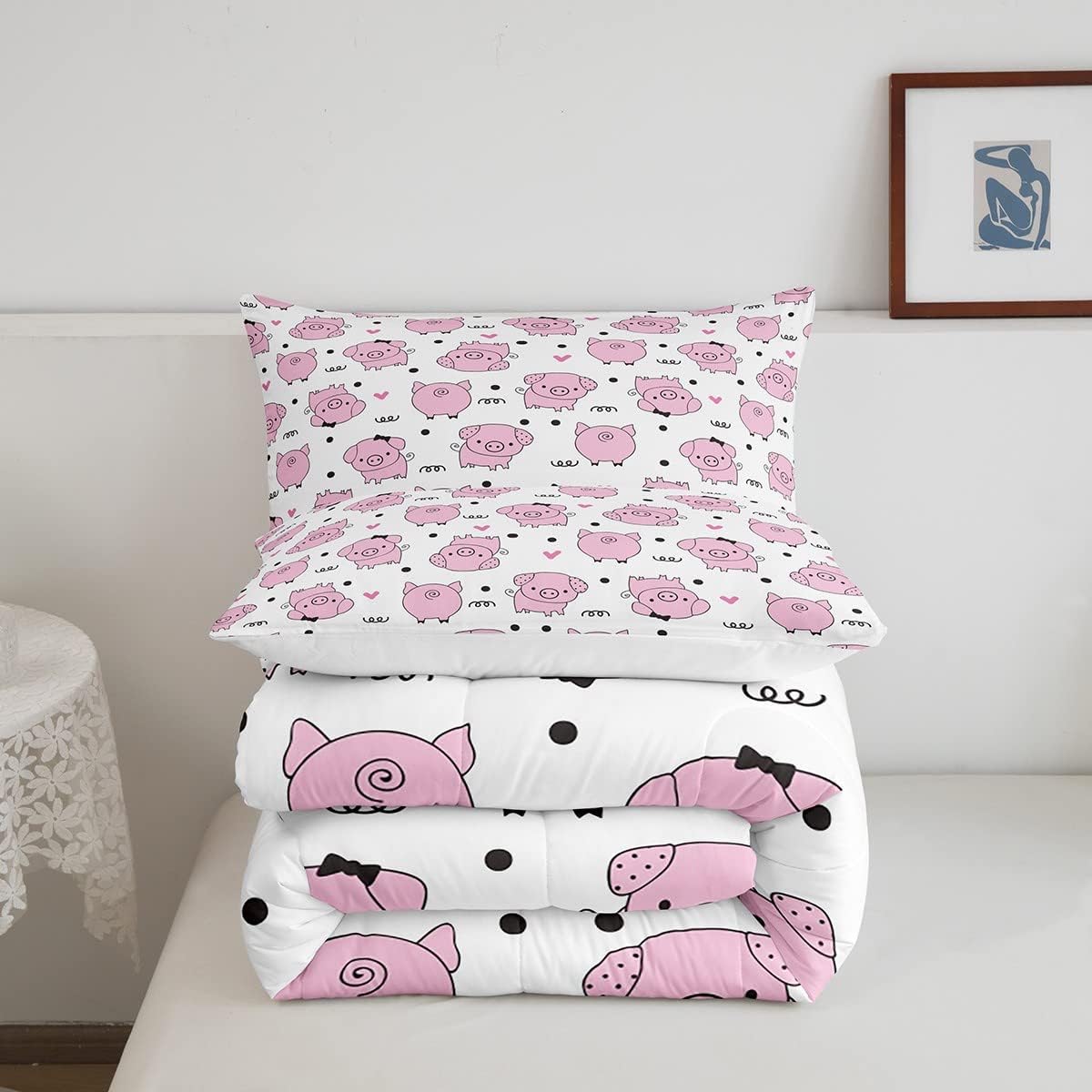 Erosebridal Juego de edredón de cerdo rosa para niñas, decoración de habitación kawaii, juego de ropa de cama de lindos cerdos para niños y niños,