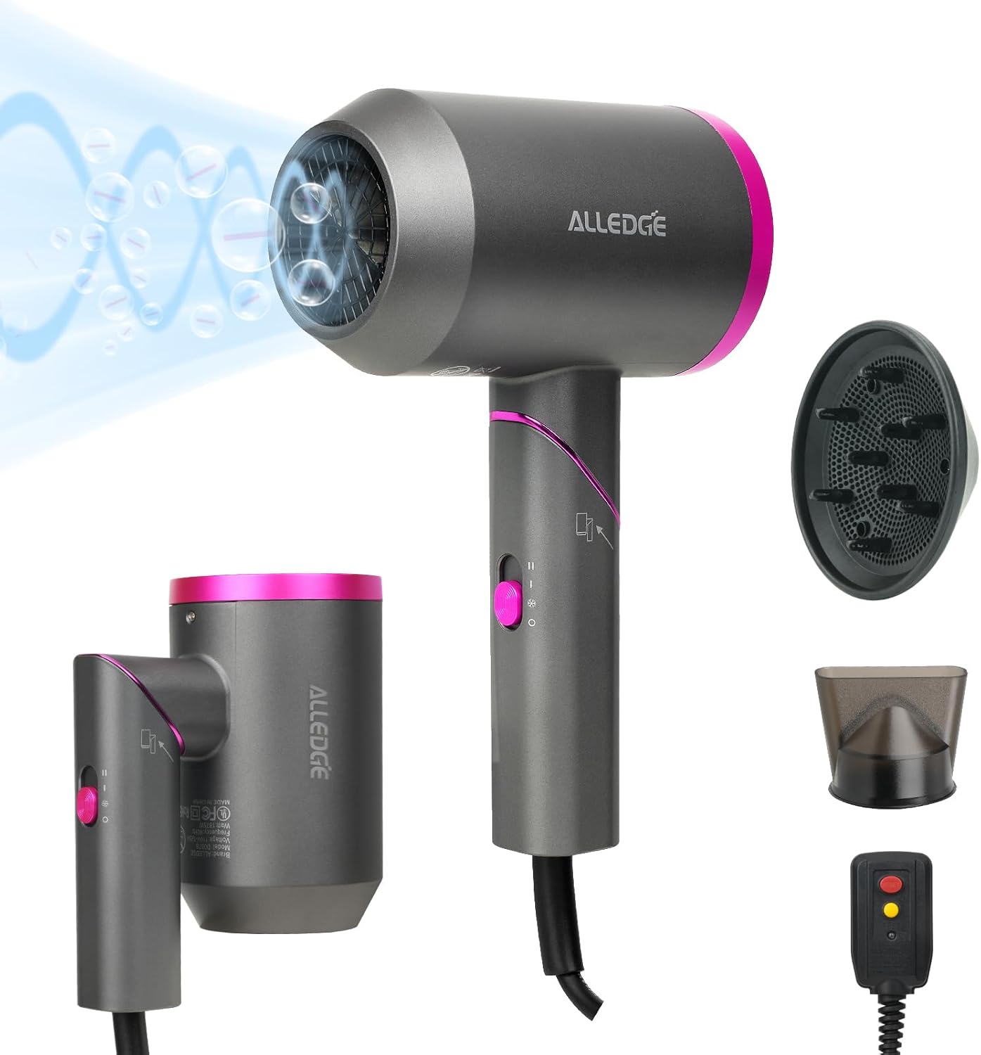 Secador de pelo con difusor de 1850 W, secador de pelo iónico de viaje, secador de pelo plegable, secado rápido para mujeres, cabello grueso y