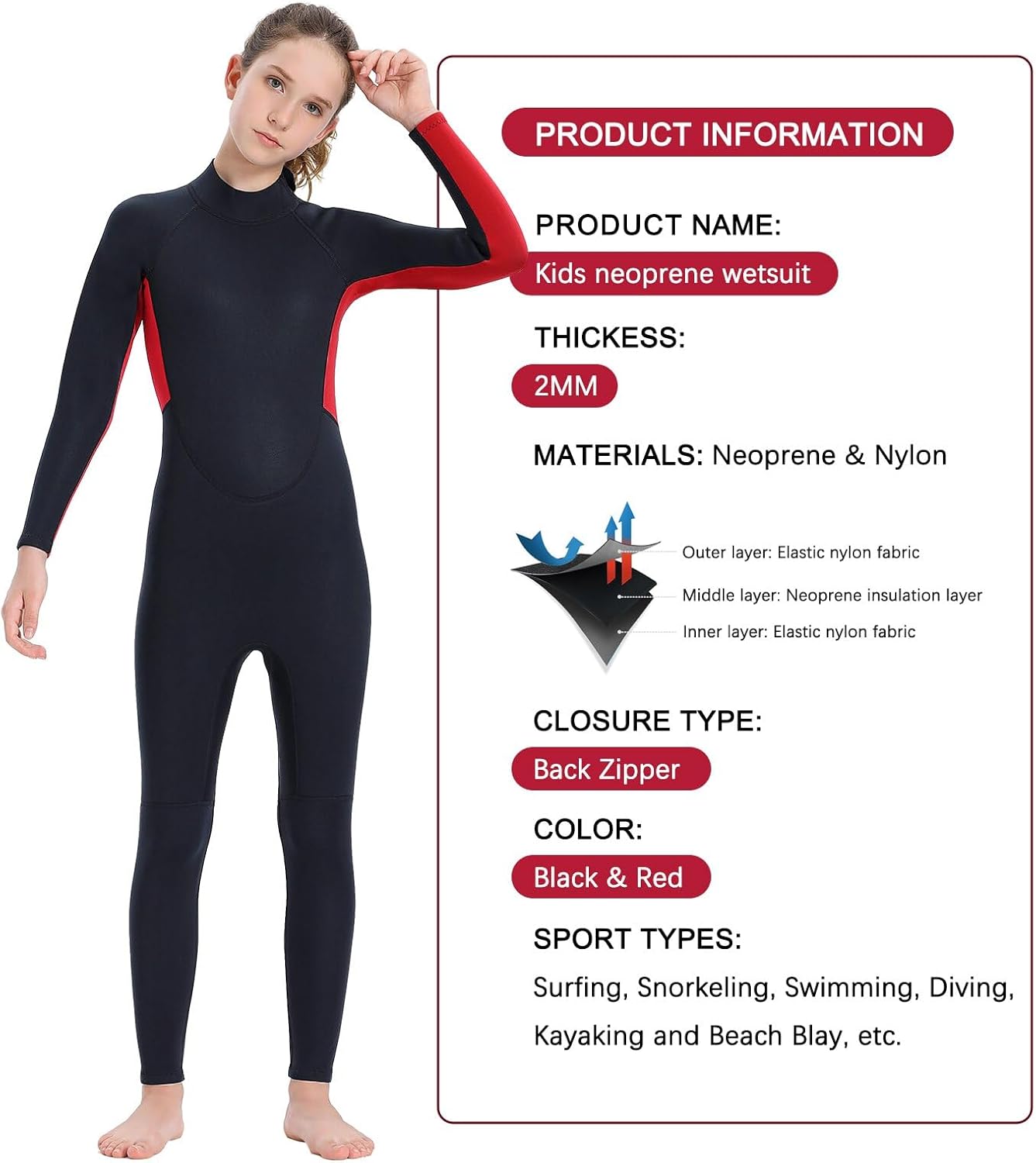 TBLUITE Traje de neopreno para niños y niñas en agua fría, 0.118 pulgadas y 0.079 pulgadas con cremallera trasera de neopreno cortolargo para
