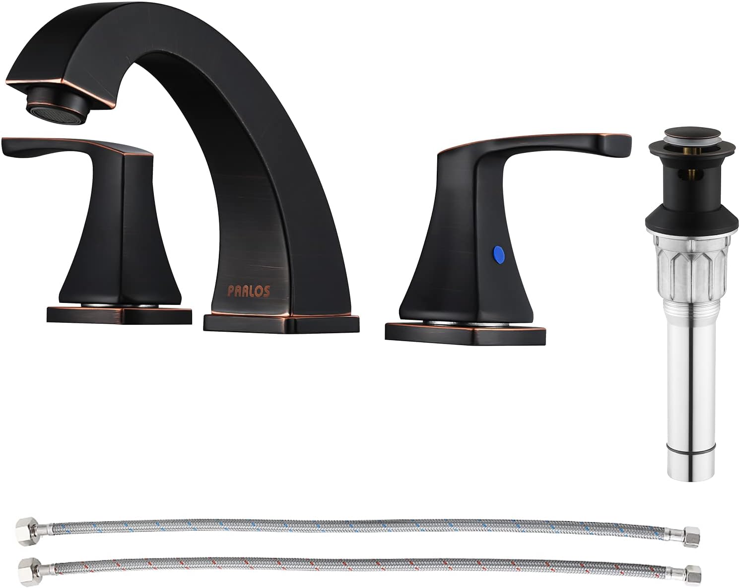 PARLOS Grifo de lavabo de baño de arco alto de dos manijas con drenaje desplegable de metal y líneas de suministro de grifo cUPC generalizadas de 8