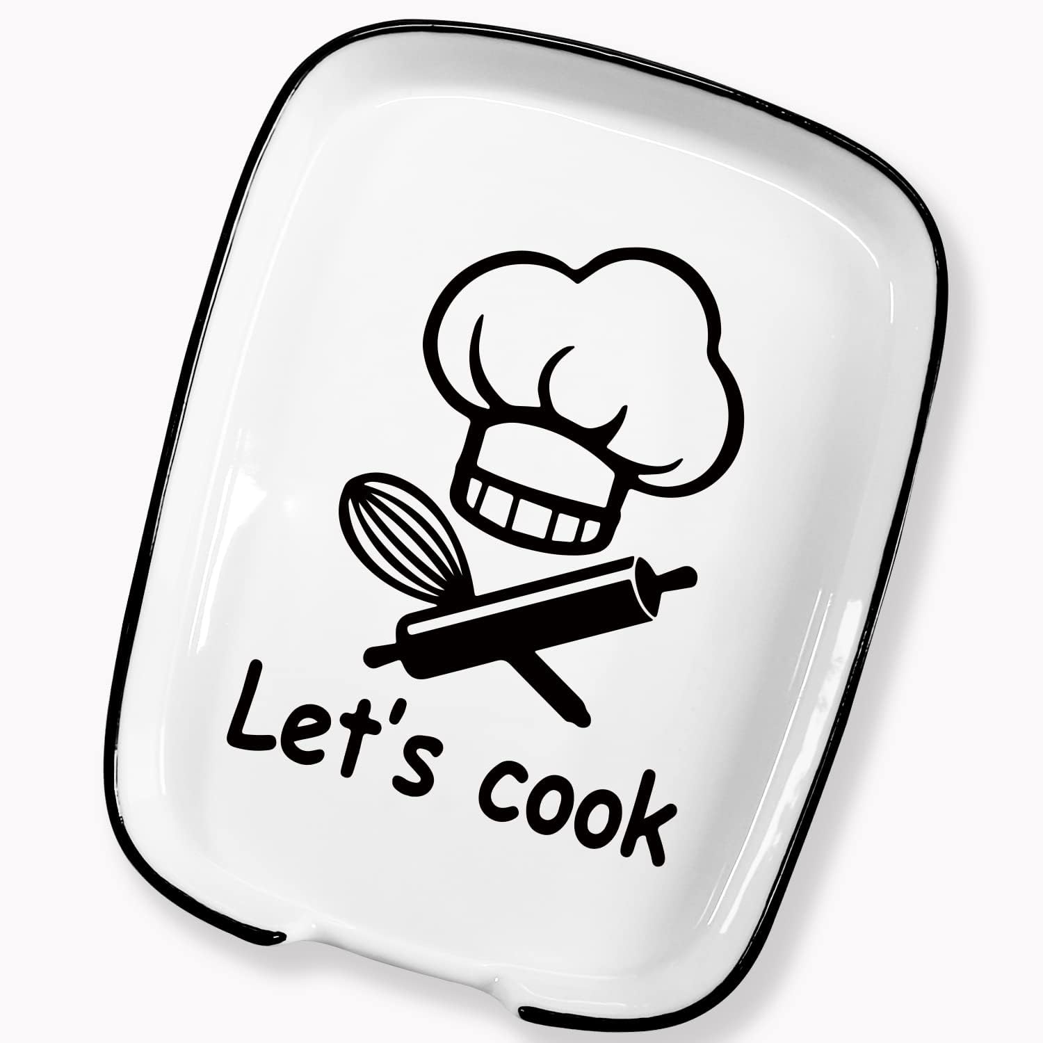 Soporte de cuchara de tenedor con diseño de cerámica con mensaje Let’s Cook, soporte de cuchara funcional para utensilios de cocina adecuado para