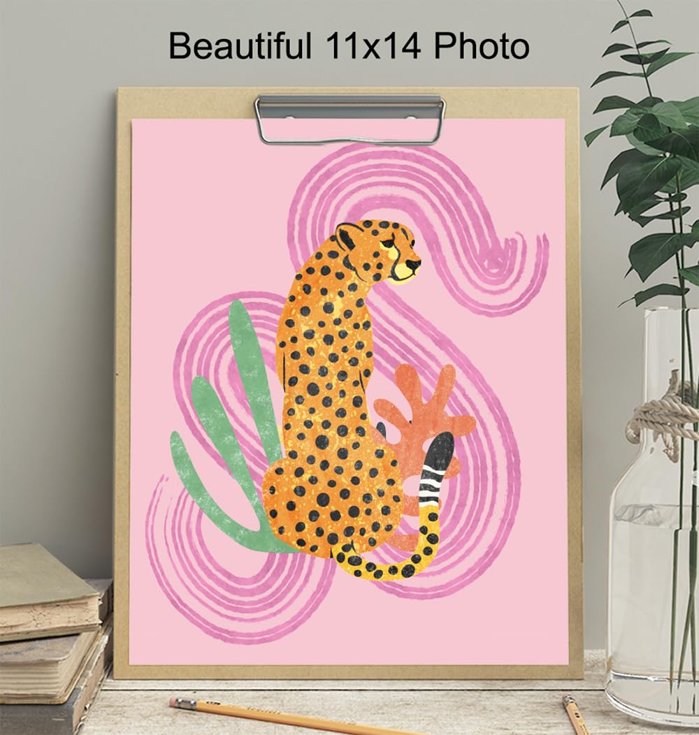 Mid Century Modern Abstract Cheetah LARGE 11×14 – Pink Boho Wall Art – Minimalist Gallery Wall Decor – Aesthetic Room Decor – Bohemian Bedroom Decor