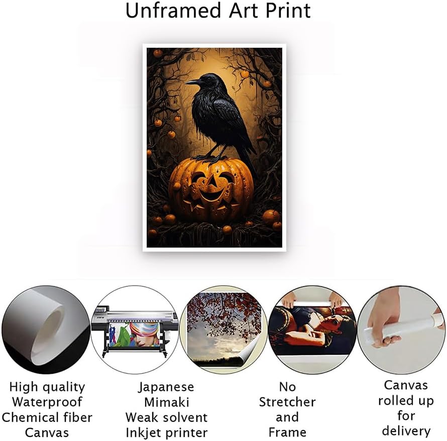 Arte de pared gótico vintage con diseño de cuervo negro y calabaza sonriente, póster de Halloween, lienzo de estilo victoriano, Academia oscura,