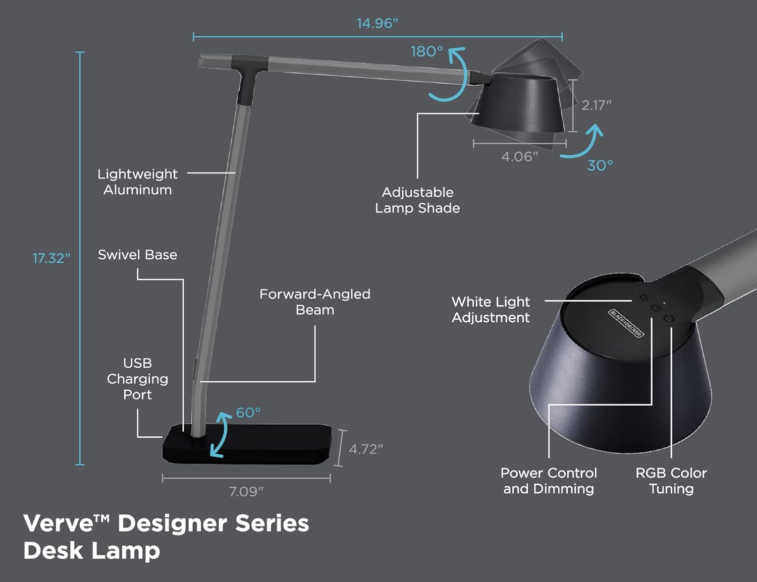 BLACK+DECKER Verve Designer – Lámpara de escritorio con puerto de carga USB, LED blanco verdadero + 16M colores RGB