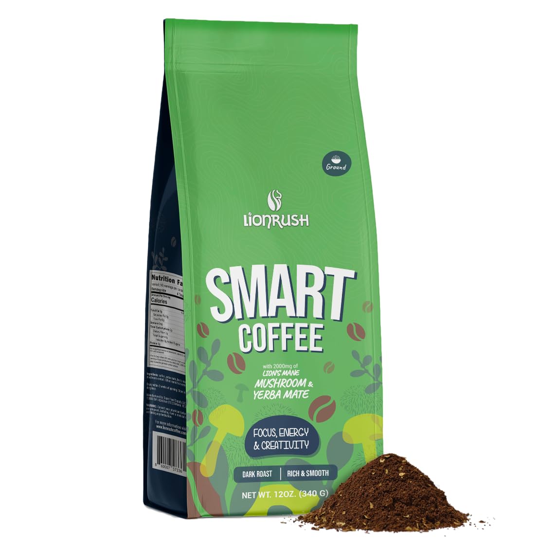 Lion Rush – Café Yerba Mate con hongo melena de león – Tostado oscuro molido mejorado – Aumenta la energía, la concentración y la creatividad – Bajo