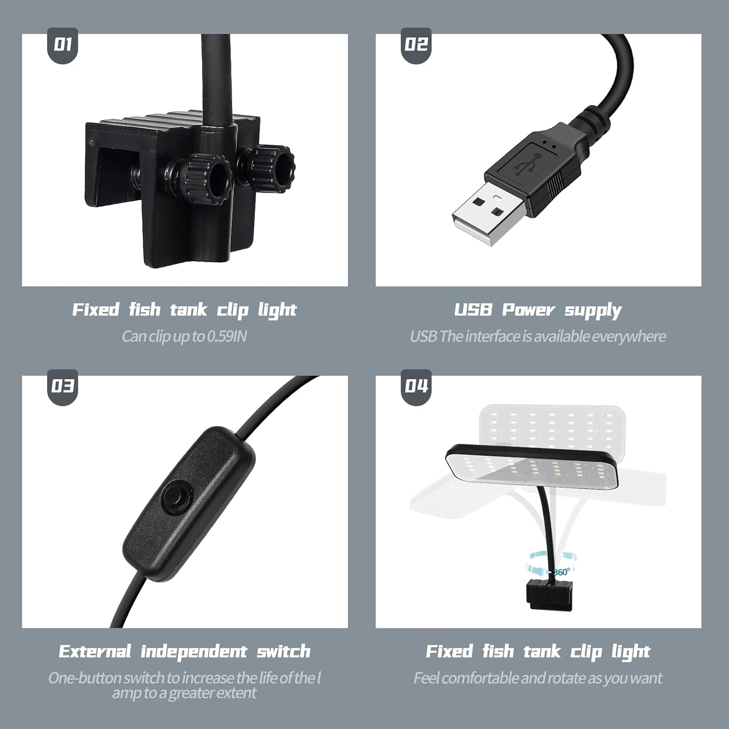 Boxtech Luz LED para pecera, pequeña luz de clip para acuario, luz de abrazadera LED blanca de 8 W, luz plantada de espectro completo USB de 4.53