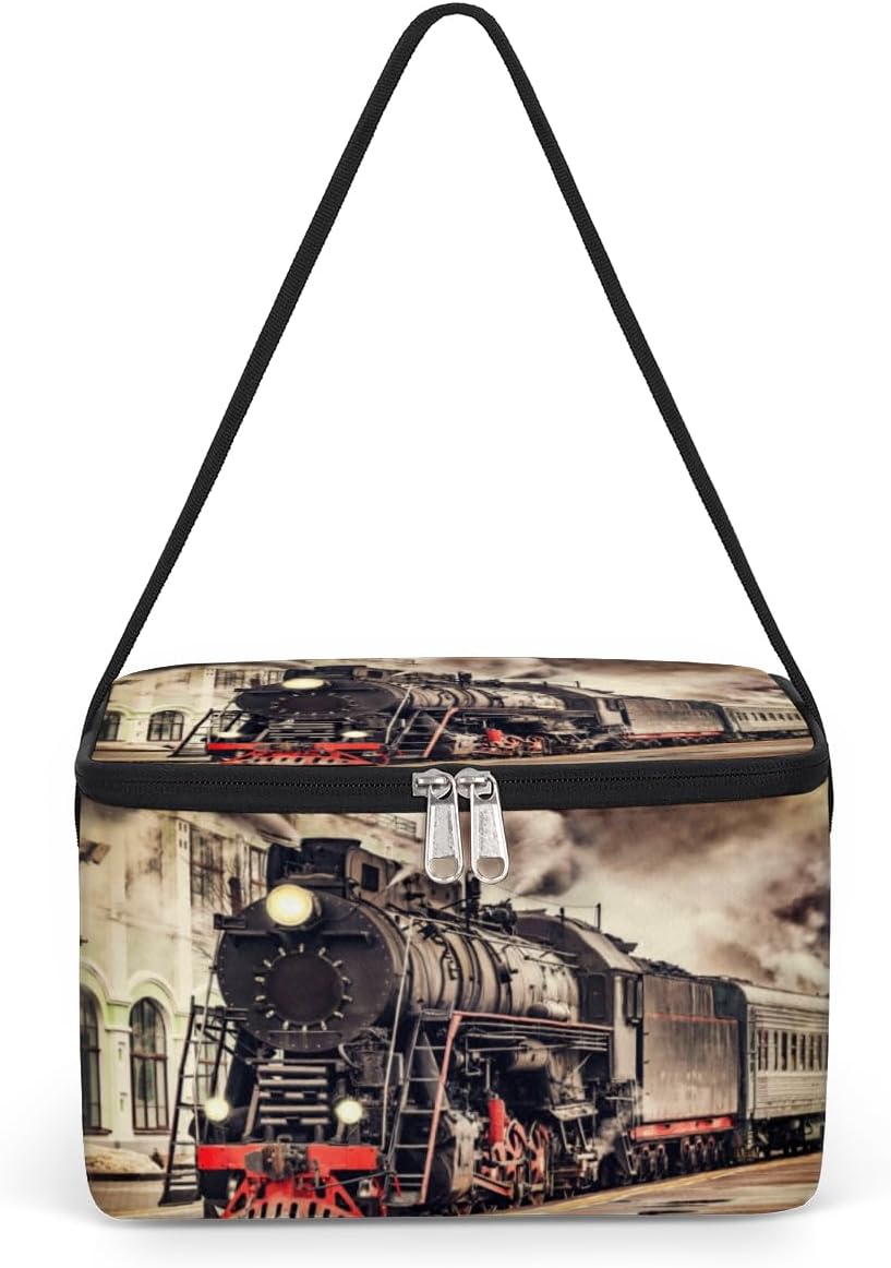 Bolsa de almuerzo vintage de tren de vapor, aislada, reutilizable, grande, con hombro ajustable y cremallera, bolsa de lona para oficina, trabajo,