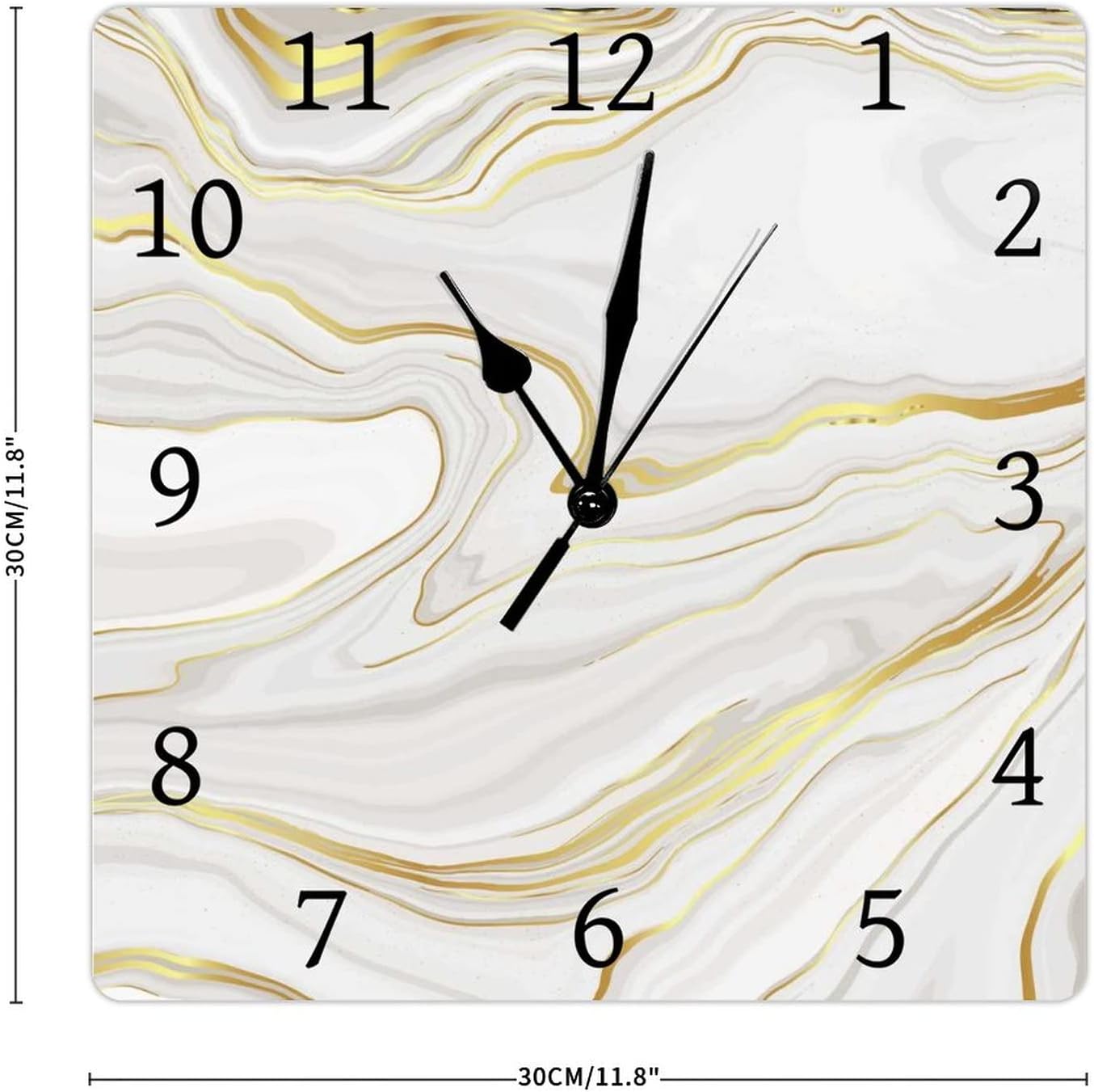 Reloj de pared cuadrado de PVC con fondo de mármol dorado, funciona con pilas, silencioso, sin tictac, 12 x 12 pulgadas, para decoración del hogar,