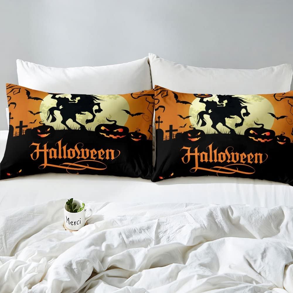Erosebridal Juego de ropa de cama con temática de Halloween, tamaño King, Kawaii, calabaza, murciélagos, juegos de ropa de cama con estampado de