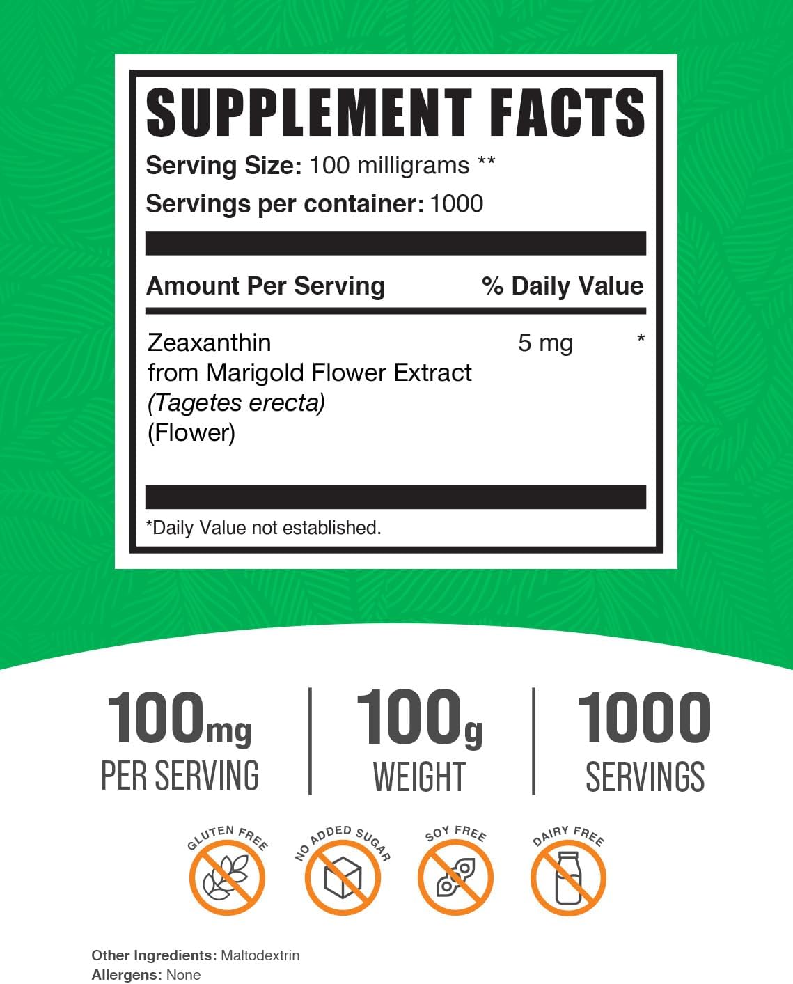 BulkSupplements. com Polvo de zeaxantina – Suplemento antioxidante, de flor de caléndula – 100 mg (5 mg de zeaxantina) por porción, vegano y sin