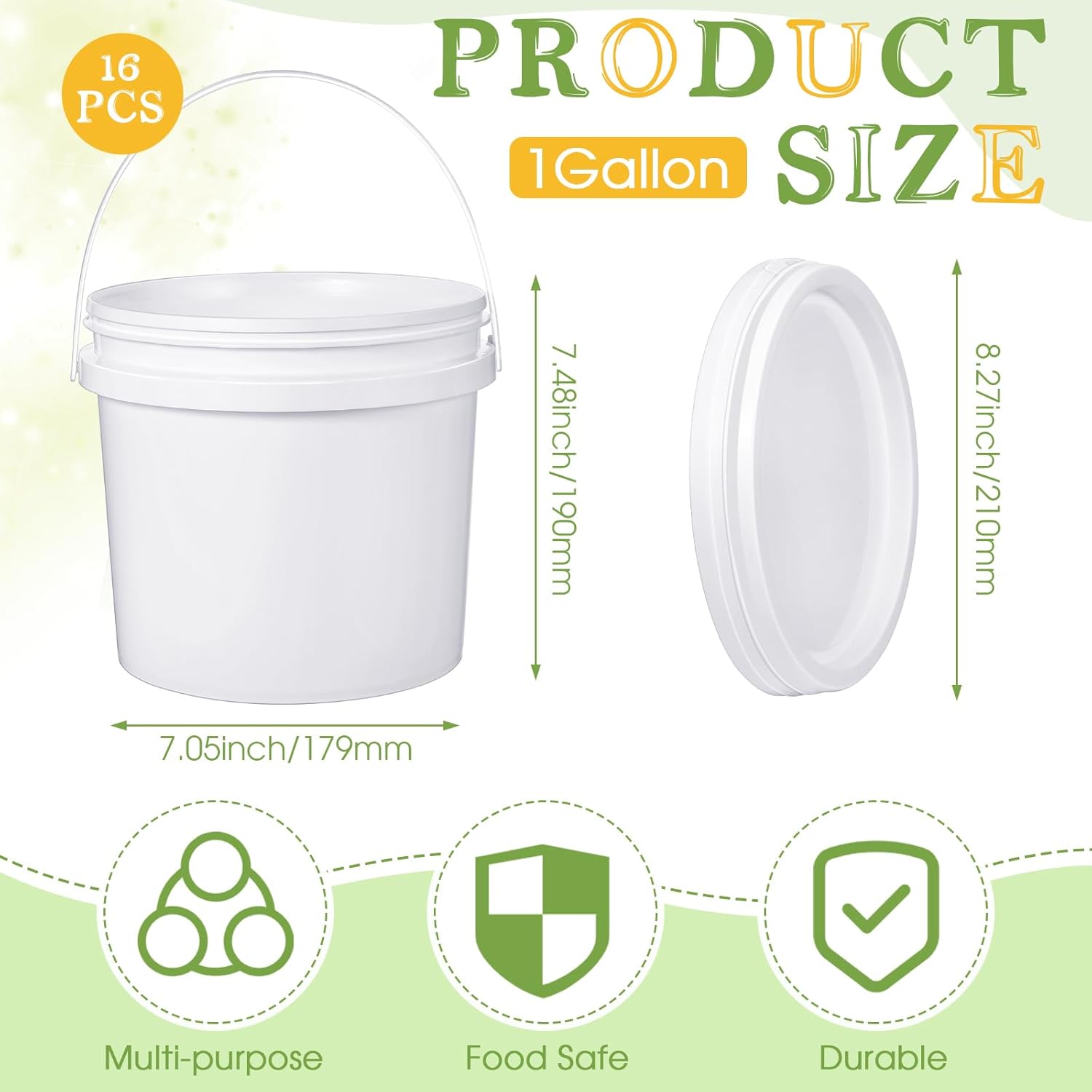 16 cubos de plástico blanco de 1 galón con asa y tapa, confiable, resistente, contenedor seguro para alimentos, para almacenamiento multiusos,