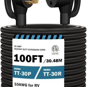 STRIGHT Cable de extensión RV de 100 pies de 30 amperios, cable de extensión de alimentación RV NEMA TT-30P macho a TT-30R hembra, resistente STRIGHT Cable de extensión RV de 100 pies de 30 amperios, cable de extensión de alimentación RV NEMA TT-30P macho a TT-30R hembra, resistente