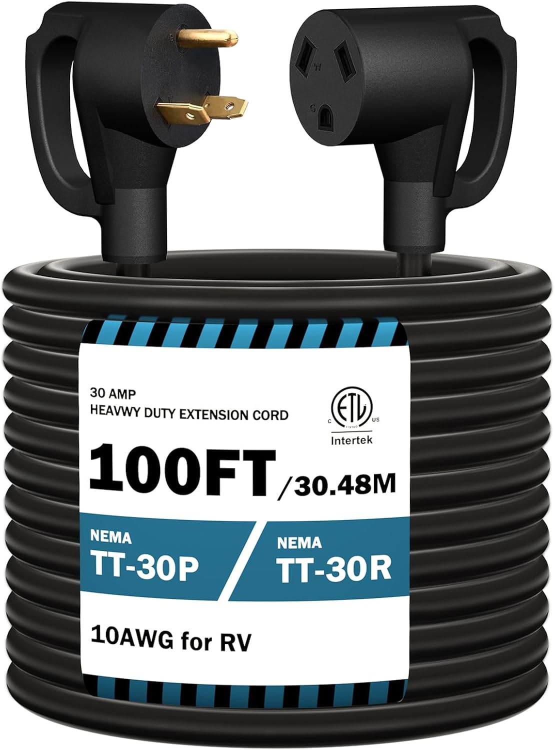 STRIGHT Cable de extensión RV de 100 pies de 30 amperios, cable de extensión de alimentación RV NEMA TT-30P macho a TT-30R hembra, resistente
