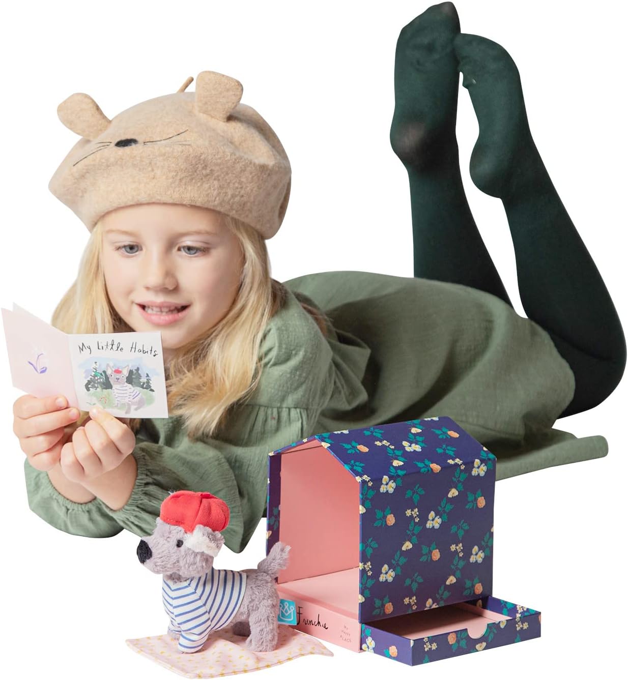 Manhattan Toy Bed & Biscuit Frenchie – Casa de perro de peluche con mini-libro de cuentos en cajón oculto
