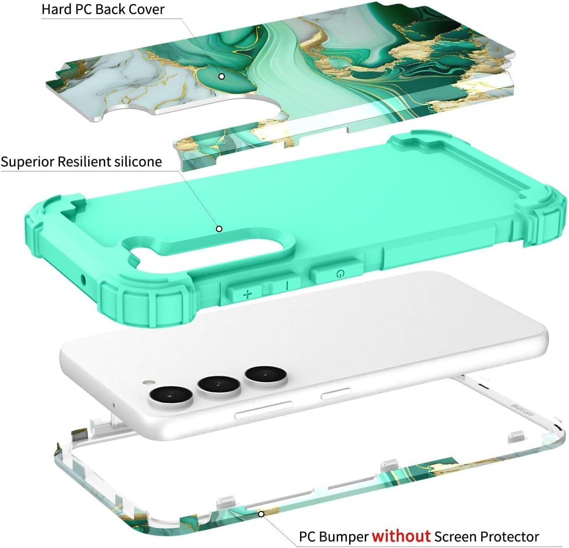 Hocase Funda para Galaxy S23, protección resistente a prueba de golpes, parachoques de goma de silicona suave+funda protectora híbrida de plástico